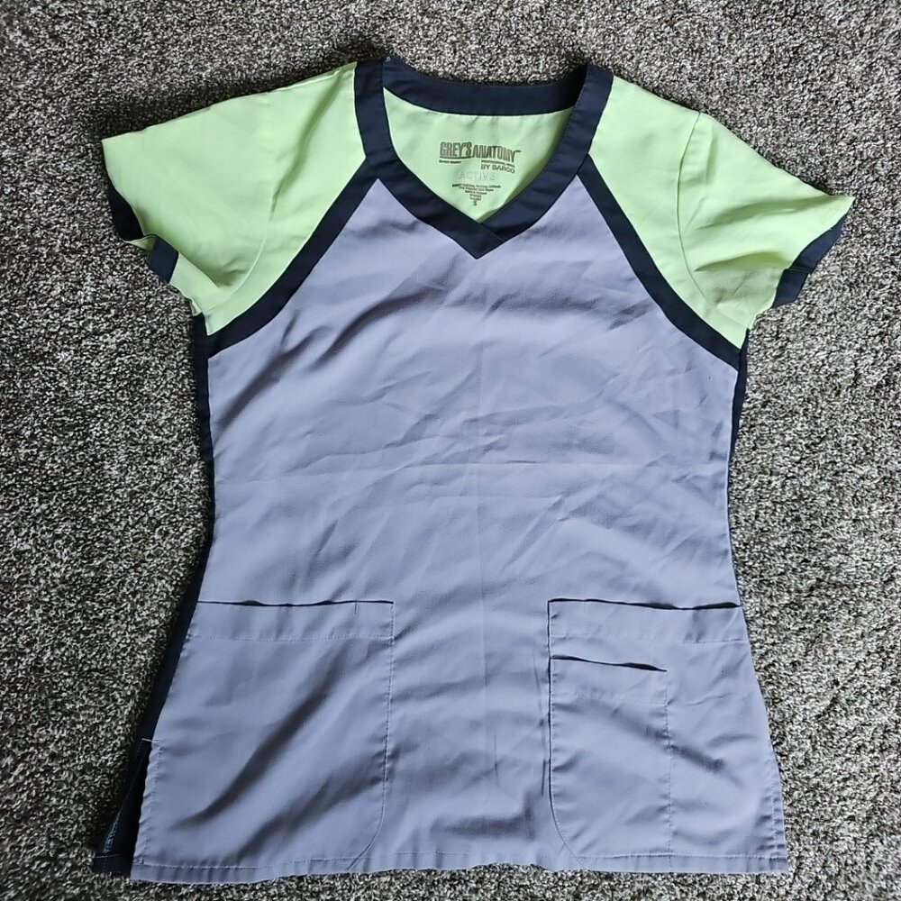 Gray's Amatpmy Scrub Top Gray & Lime Green Size Small ABC Studios w. Pockets